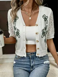 Elegant Women's Knit Sweater, Hand-Knitted Embroidery, Button Front Cardigan, Solid Color Pullover, Single Row Buttons, Hollow Out Design, Casual Daily Wear, Knitwear