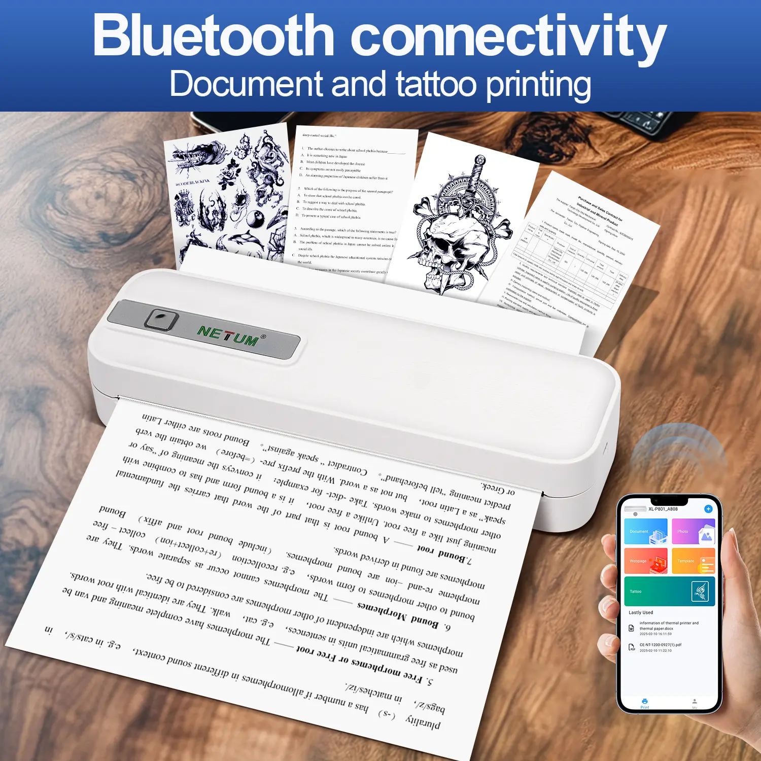 Portable A4 Printer, Inkless Printing Machine, Mobile Phone Bluetooth-compatible Direct Connection Printer, Portable Printers Wireless, Office Equipment for Home School Dormitory, Inkless Printers For Home Use