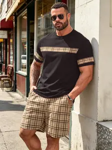 Men's 2-Piece Set, Casual Digital Print Summer Plaid Pattern, Round Neck Short Sleeve Knit T-Shirt & Drawstring Pocket Shorts