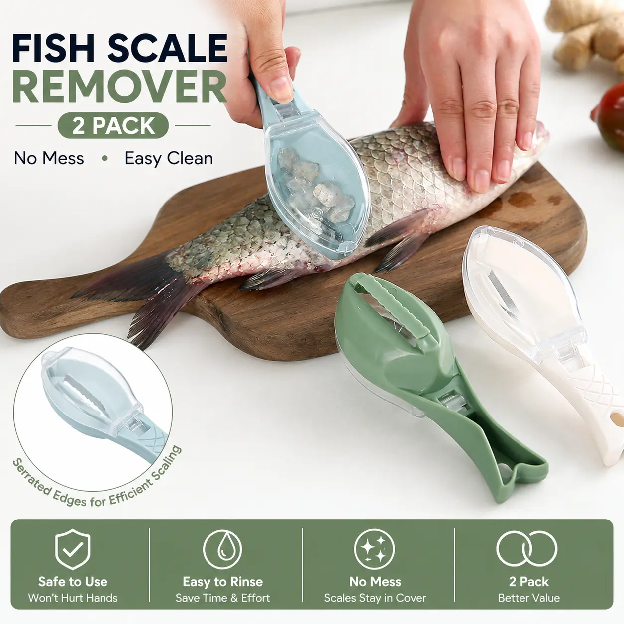 2 Pack Fish Scale Remover with Cover, No-Mess Fish Scaler, Stainless Steel Blade, Easy-to-Clean Fish Cleaning Tool for Home Kitchen