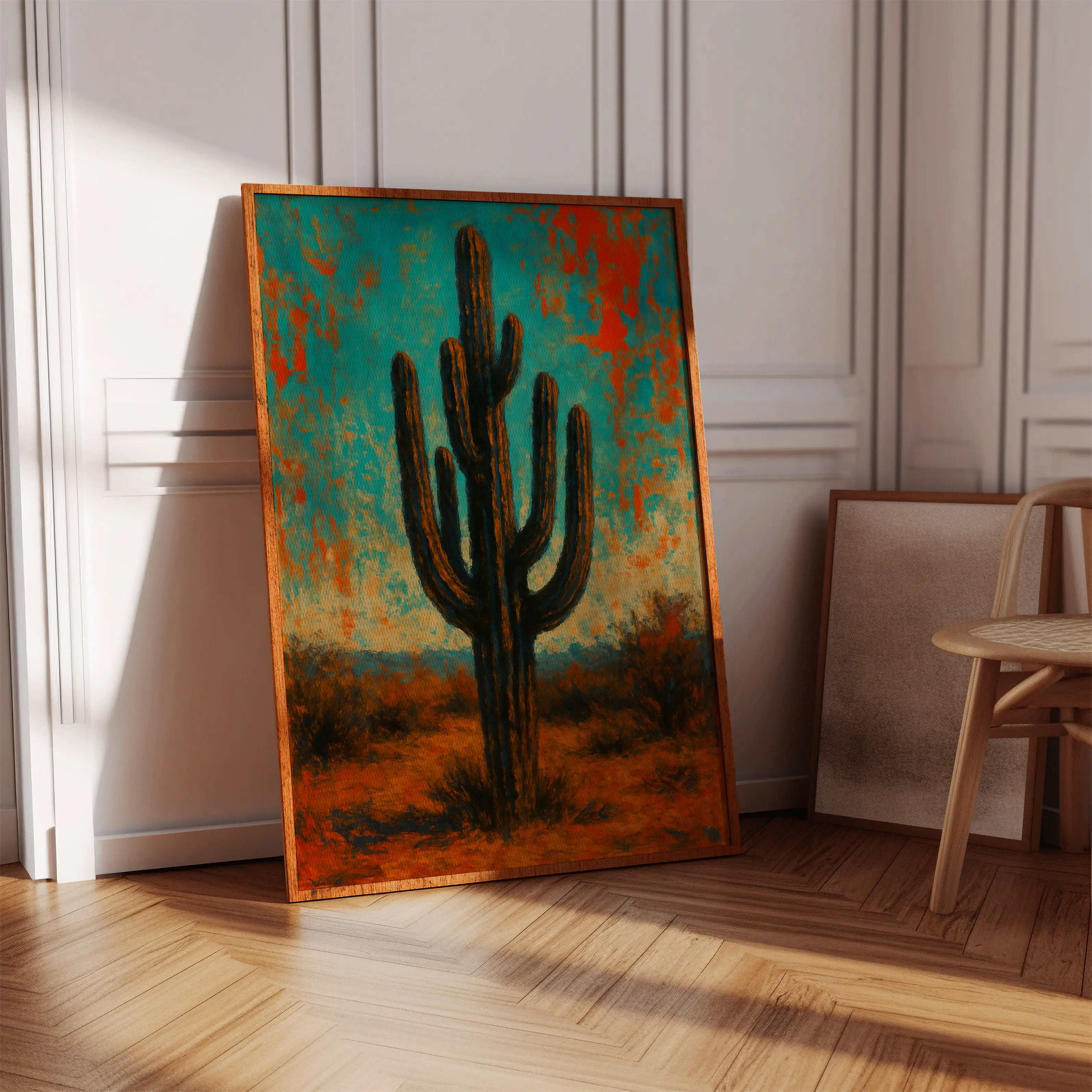 Abstract Saguaro Cactus Art Print - Turquoise Orange Desert Southwest Wall Decor Poster l KoolyDesign
