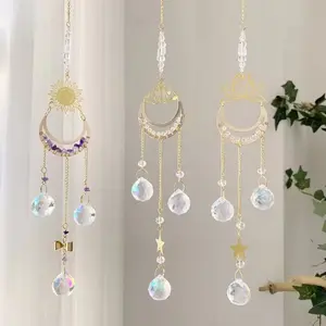 White Crystal Lotus Moon, Golden Sheet Wind Chime, Sun Catcher Pendant, Simple Home Bedroom Crystal Decoration