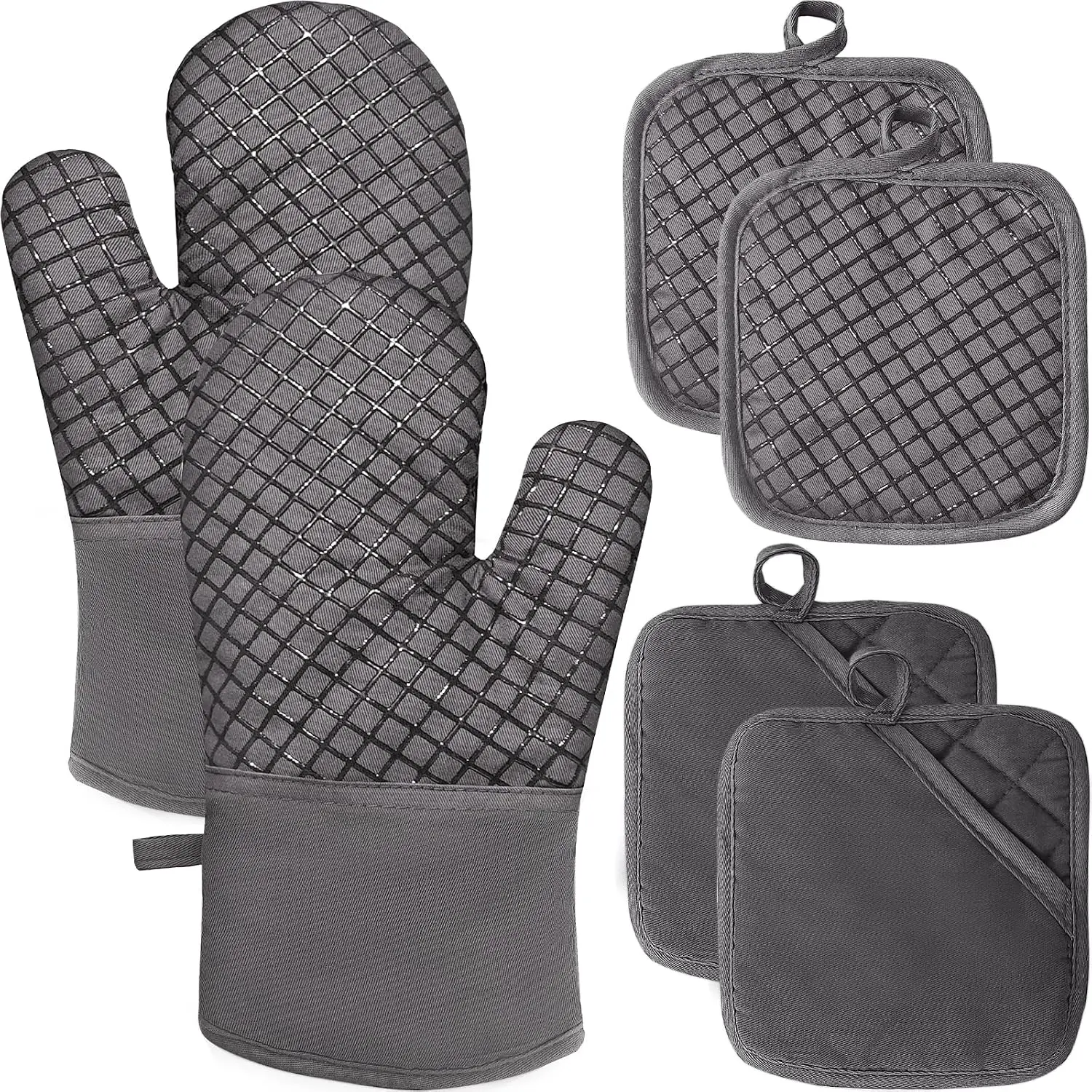 4 Pcs Oven Mitts and Pot Holders,High Heat 500°F Resistant Glove Potholder with Thick Cotton,Silicone Non-Slip Surface Long Kitchen Oven Glove for Cooking Baking Grilling(Grey) Bakeware