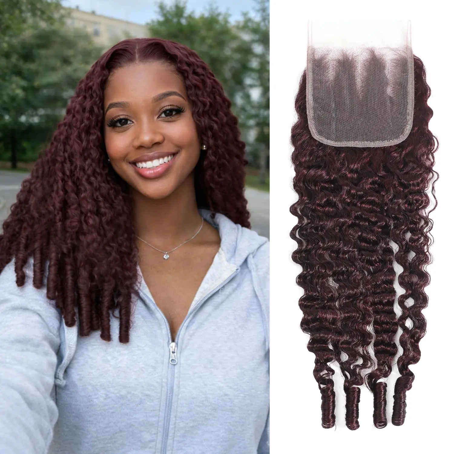 ALHER Lace Frontal/Closure, 99J Burgundy 3C4A Burmese Curly 15A Human Hair, 13x4 or 4x4 HD Lace, 150% Density with Pre-Plucked Baby Hairs, Hd Lace Closure, 13X4 Frontal 10 Inch