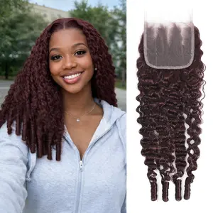 ALHER 15A Dark Burgundy Burmese Curly 4X4 Closure Human Hair 99J Color Curly 13x4 Transparent HD Lace Closure with 3C4A With Water Wave Spiral Curl End Wine Ear to Ear Frontal 150% Density