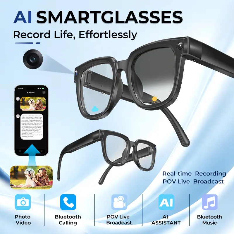 Unisex Square Wearable Smart Glasses - 8MP Camera, Photo & Video Recording, Hands-Free POV Capture, App Translation, Bluetooth Calls, WiFi, Android Compatibility, Lightweight Wireless Touch-Control, for Cycling & Daily Use, Multifunctional Smart Glasses