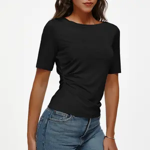 Everyday Womenswear Black Short Sleeve Boat Neck Ruched Side Slim Fit Basic Casual T Shirts Summer Tee Tops for Women