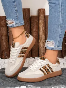 Women's Trendy Leopard - Print Panel Lace -Up Sneakers, Size 35-43，Comfortable Lightweight Outdoor Walking Shoes, Female All - Match Fashionable Athletic Footwear for Daily Strolls & Light Sports, Girl, Stylish Casual Trainers