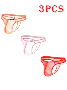 3-Pack Sport Underwear Set - Sheer Mesh Trunks With Otaku Contoured Pouch & Anti-Ride Up Waistband For Cosplay/Gym V Low Waist Transparent Ultra-thin Ice SilkBreathable Sexy U Convex Man Boxershorts Trunks  Menswear Menswear Beige Mixed Color Plain Briefs