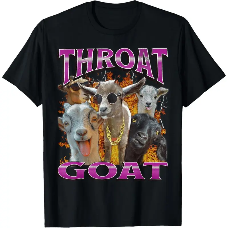 Men's Cotton Soft Round Neck Short-Sleeve Graphic T-Shirt - Funny Throat Goat Print, Breathable Menswear Casual Top, Concert-Ready Outfits, Black, Small, Animal Design