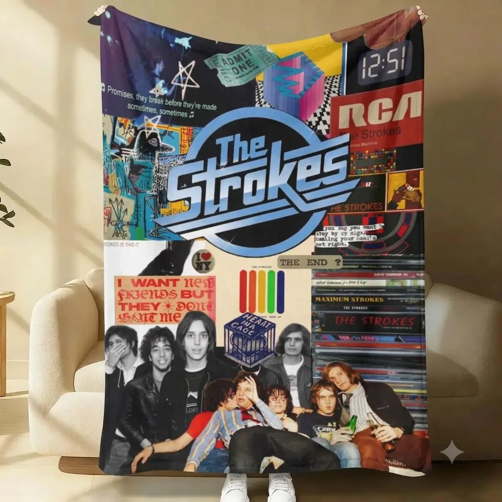 The Str0kes Collage Sherpa Fleece Blanket – Indie Rock Band Throw Blanket, Vintage Album Aesthetic Soft Cozy Blanket for Couch Bed, Gift for Music Fans