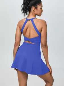 Women's Cross-Back Tennis Dress with Built-in Shorts & Side Pockets - U-Neck, Breathable & Stretchy, Tennis Athletic Dress