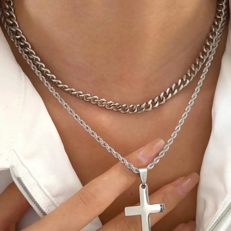 Men's Casual Cross Pendant Necklace Chain, Stainless Steel Jewelry for Party, Daily Clothing Decor, Trendy All-match & Exquisite Jewelry for Birthday Gift