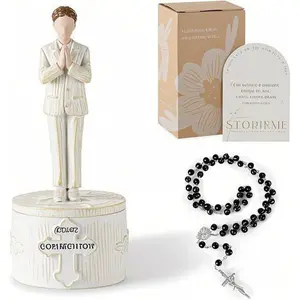 Religious Keepsake Box for Boys - Christian Confirmation Gift - Catholic Baptism Present for Teen Son - Engraved Rosary Figurine - First Holy Communion Souvenir - Durable Wooden Memory Box Decor Bracelet