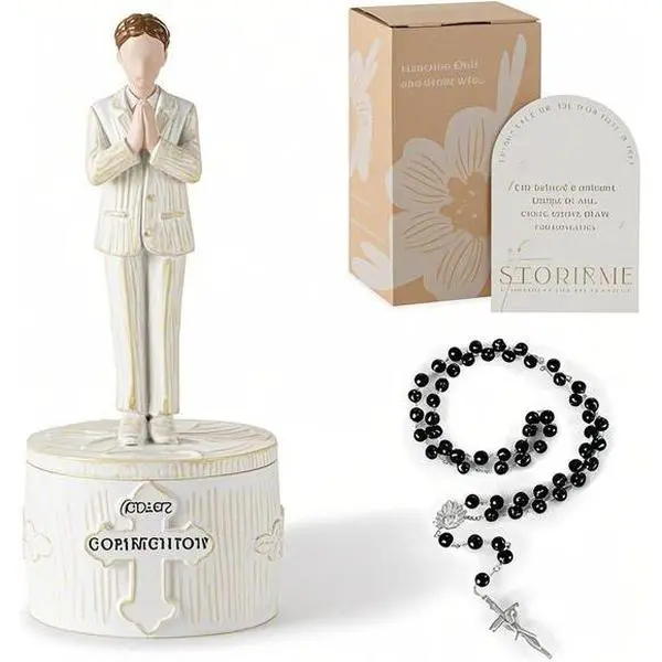 Religious Keepsake Box for Boys - Christian Confirmation Gift - Catholic Baptism Present for Teen Son - Engraved Rosary Figurine - First Holy Communion Souvenir - Durable Wooden Memory Box Decor Bracelet