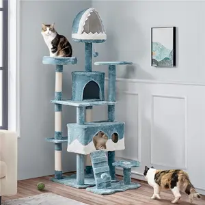 【Valentine Gift】Yaheetech Cat Tree, 72.5″ Height Ocean-themed Cat Tower for Indoor Cats, Multi-Level Large Cat Tower for 3-4 Medium/Large Cats, 2 Condos & 2 Perches & Scratching Posts & Toys, Blue & White