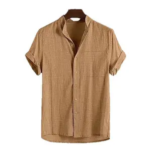 Men's Casual Button Collared Shirt in a Lightweight Jacquard Weave, Short-Sleeve Cotton Linen Top with a Stand Collar