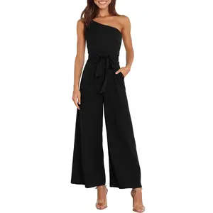 ANRABESS Women's Summer Dressy One Shoulder Sleeveless Tie Waist Backless Casual Wide Leg Jumpsuit Rompers Pockets Wedding Elegant  Overalls