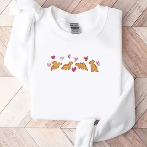 Embroidered Dino Nuggets Hearts Sweatshirt, Cute Valentine’s Day Crewneck, Funny Food Lover Embroidery Sweater