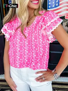 Summer Elegant Floral Print Wave Hem Multi-Layer Pleated V-Neck Top Blouse, Stylish Women's Casual Wear, Perfect for Daily