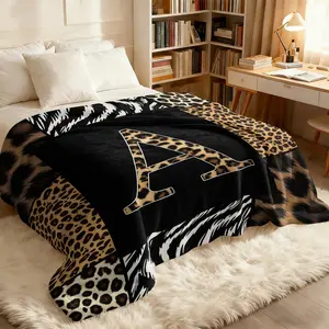 Fashion Animal Print Letter A-Z Flannel Blanket, Leopard Zebra Patchwork Print Throw, Luxury Home Decor, Viral Same Style Nap Air Conditioning Throw for Living Room Bedroom Sofa Couch