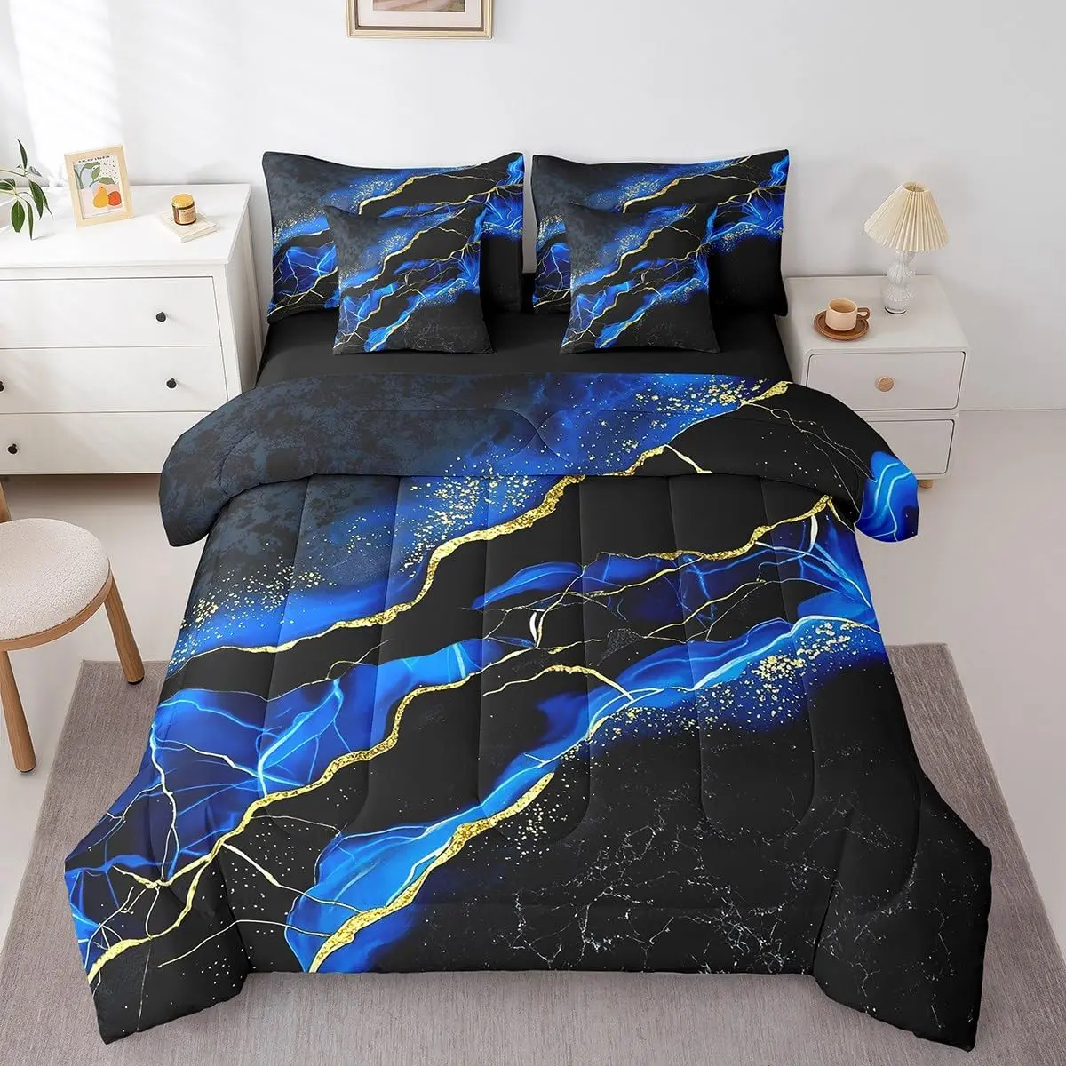 Feelyou 7-Piece Decorative Microfiber Bedding Set - Black Blue Marble Bed-in-a-Bag with Crackle Comforter, Abstract Art Sheet Set, Ultra Soft Blanket, Metallic Shine, Multi-Size Galaxy Fluid Aesthetic Design, Decorative Bedding Set