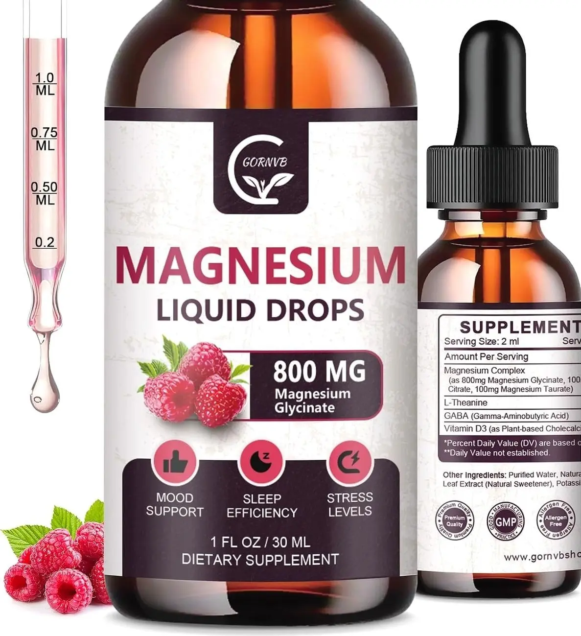(2 Pack) Magnesium Glycinate Liquid Drops | 1000mg Liquid Magnesium Complex with D3, L-Thea & GABA for Energy, Sleep, Nerve and Heart Health, High Absorption, Raspberry Flavor