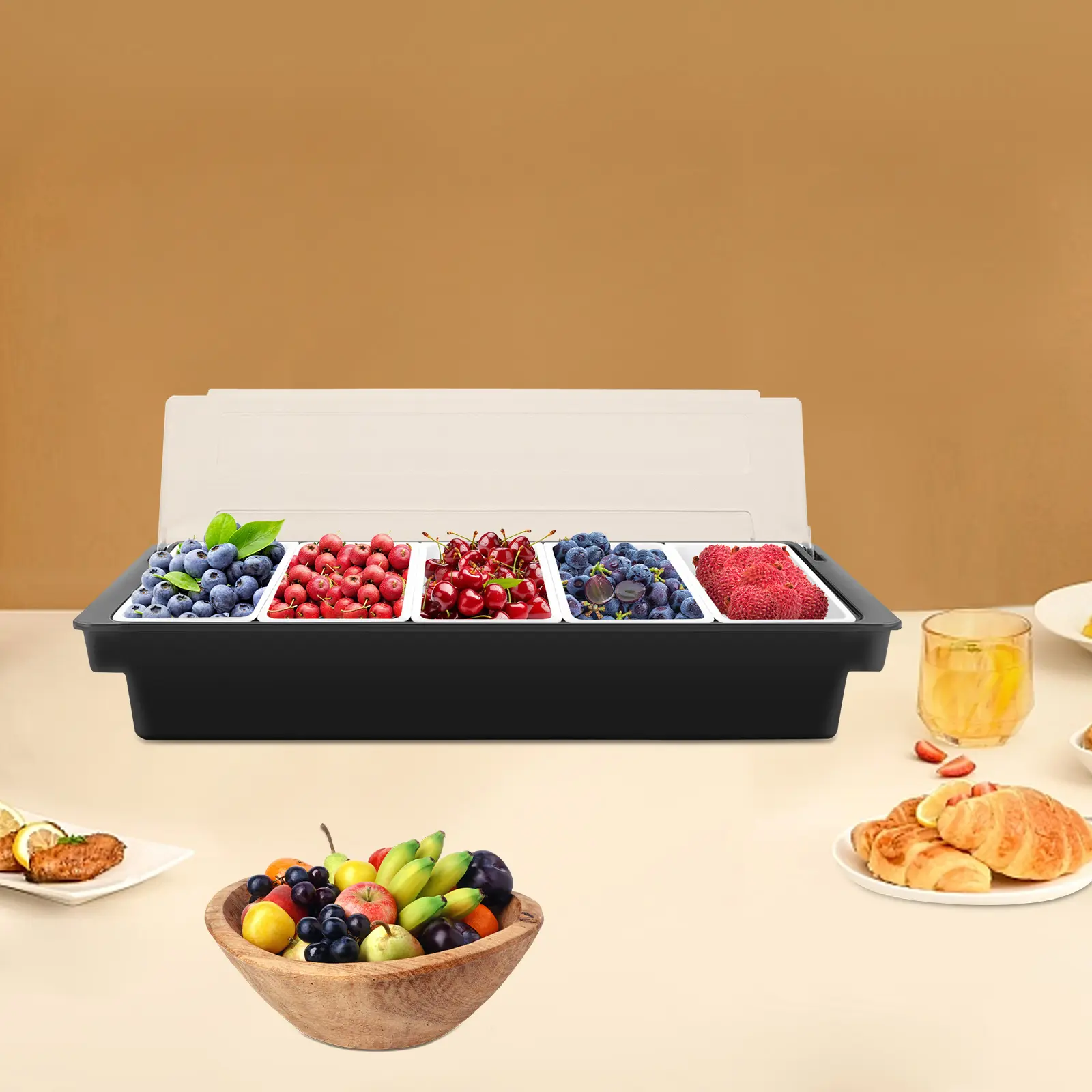 5-Compartment Food Grade ABS Condiment Dispenser - Condiment Container, Food Storage Solution for Kitchen, Restaurant Use (Fruits, Vegetables, Spices, Nuts, Candies, Milk Tea Supplies Organization), Containers For Food