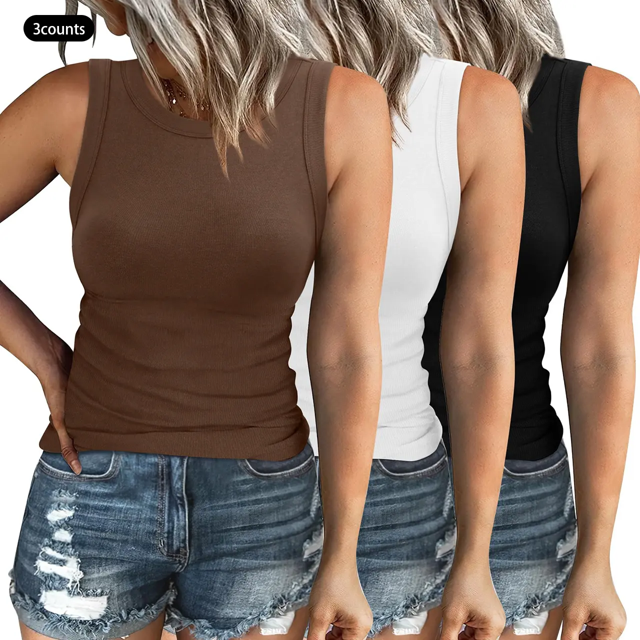 Women's Thick Ribbed Thick-Strap Racerback Crewneck Sleeveless Slim-Fitting Tank Top, Summer Casual Basic Tight Tee Shirt, Thick Ribbed Tank Top
