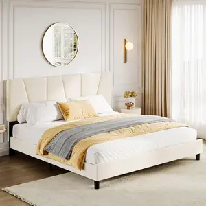 Beige Linen Upholstered King-Size Bed Frame with Adjustable Diagonal Channel Tufted Headboard, Strong Wooden Quiet Slats Mattress Foundation, Optional Box Spring, King-Size Bed Frames