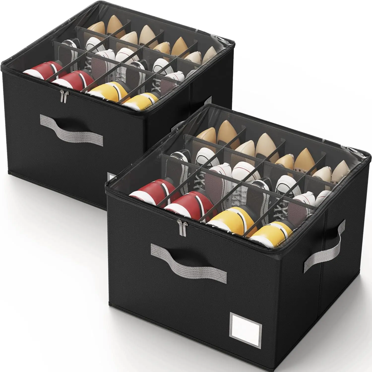 Shoe Organizer for Closet, Foldable Shoe Storage Organizer with Clear Cover and Sturdy Handles, Fit 12-16 Pairs, Closet Organizer for Shoes Sneakers Sandals Heels, 2 Pack, Black
