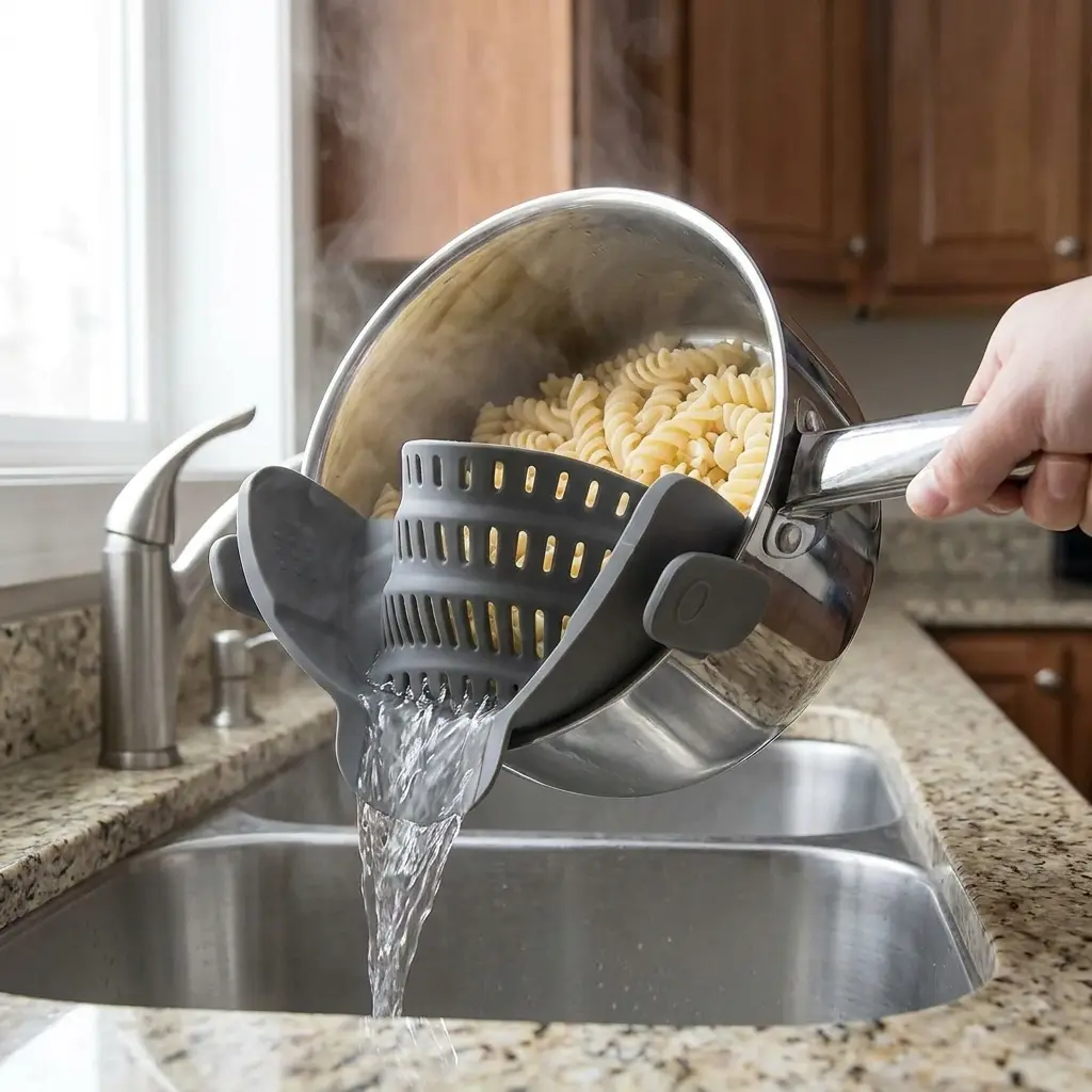 Clip-on Silicone Strainer for Pots & Pans - Durable, Hands-Free, Hanging, Universal Fit, Flexible, Space-Saving, Heat-Resistant, Fine Mesh Kitchen Essential (No Bulky Colanders Needed)