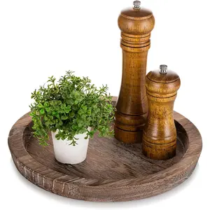 Rustic Wooden Serving Tray: Round  Butler Decorative Tray  Centerpiece Candle Holder Trays Farmhouse Ottoman Tray for Decor Countertop  Decor Accessories for Coffee Table