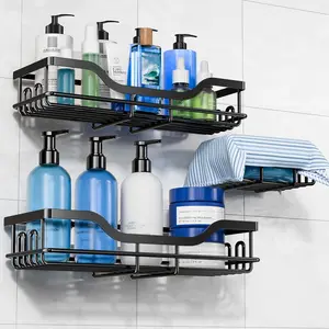 3-Pack Shower Caddy with Soap Holder, Adhesive Rustproof No-drill Strudy Loading Inside Shower Organizer Shelves Rack Storage Bathroom Organization for Smooth Wall Glass Tile, Black (Large)