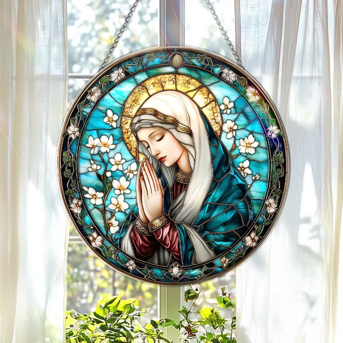 Holy Virgin Mary Stained Glass Suncatcher Catholic Home Window Hanging Religious Ornament