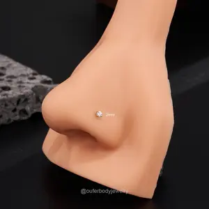 Oufer 14K Gold 20G L Shape Round 3mm AAAAA+ Grade CZ Nose Stud Piercing Ring
