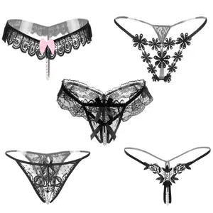 5 Pcs Black Elegant Lace Thong Set – Floral & Bowknot Design, Pearl Crotch Underwear for Women Basic Lingerie