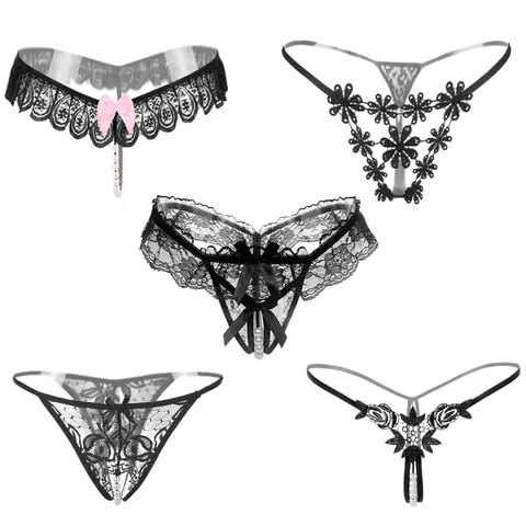 Women's 5-Pcs Basic Nylon Seamless Lady Panty Set - Black, Elegant Floral Lace Style, Cute Bowknot, Lightweight, Mid Waist, Comfortable Pearls Crotch, for Halloween, Christmas, Cold Wash
