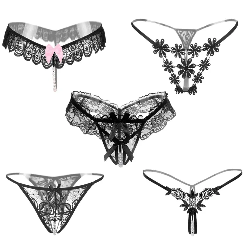 Women's 5-Pcs Basic Nylon Seamless Lady Panty Set - Black, Elegant Floral Lace Style, Cute Bowknot, Lightweight, Mid Waist, Comfortable Pearls Crotch, for Halloween, Christmas, Cold Wash