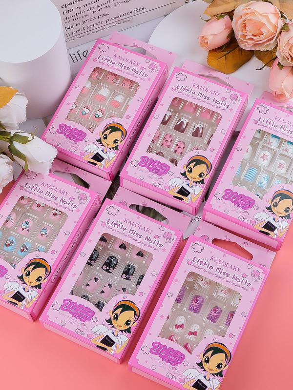 Kalolary 144PCS kids False Nail, Press on Pre-glue Full Cover Candy Pattern Short False Nail Kits,6Pack Press on Nails for Candy Child Nail Tips ,Holiday Gifts Lovely Gift for Kids Little Girls Nail Art Decoration Mommy & Me Valentine Nails Kit