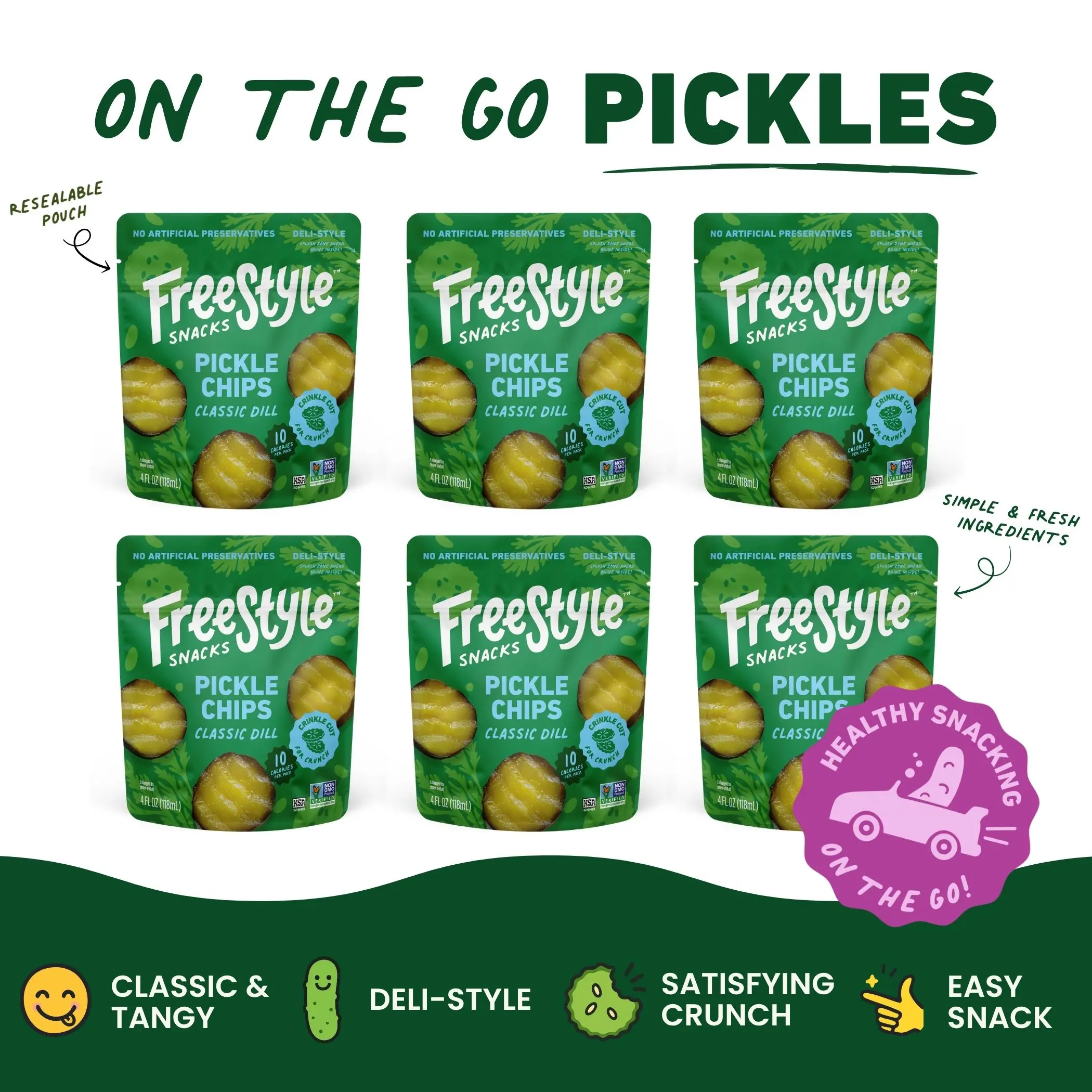 Freestyle Snacks Spicy Dill Pickle Chips 6-Pack – All Natural, Low-Calorie Ambient Food Snacks, Crunchy Pickle Snack Packs
