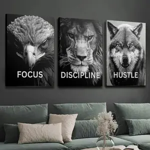 3-piece wooden framed canvas print decorative painting, wildlife, Nordic style, eagle, lion, wolf, black and white art, inspirational quote wall art, interior home wall decoration art