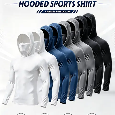 Men's Compression Slim Fit Construction Work Hoodies - Built-in Face Cover, UV Sun Protection, High Stretch, Durable, Breathable, Plain, All Seasons Activewear, Compression Long Sleeve, Cover Up Hoodie, Polyester Men's Long-Sleeve T-Shirts, Mens Tops