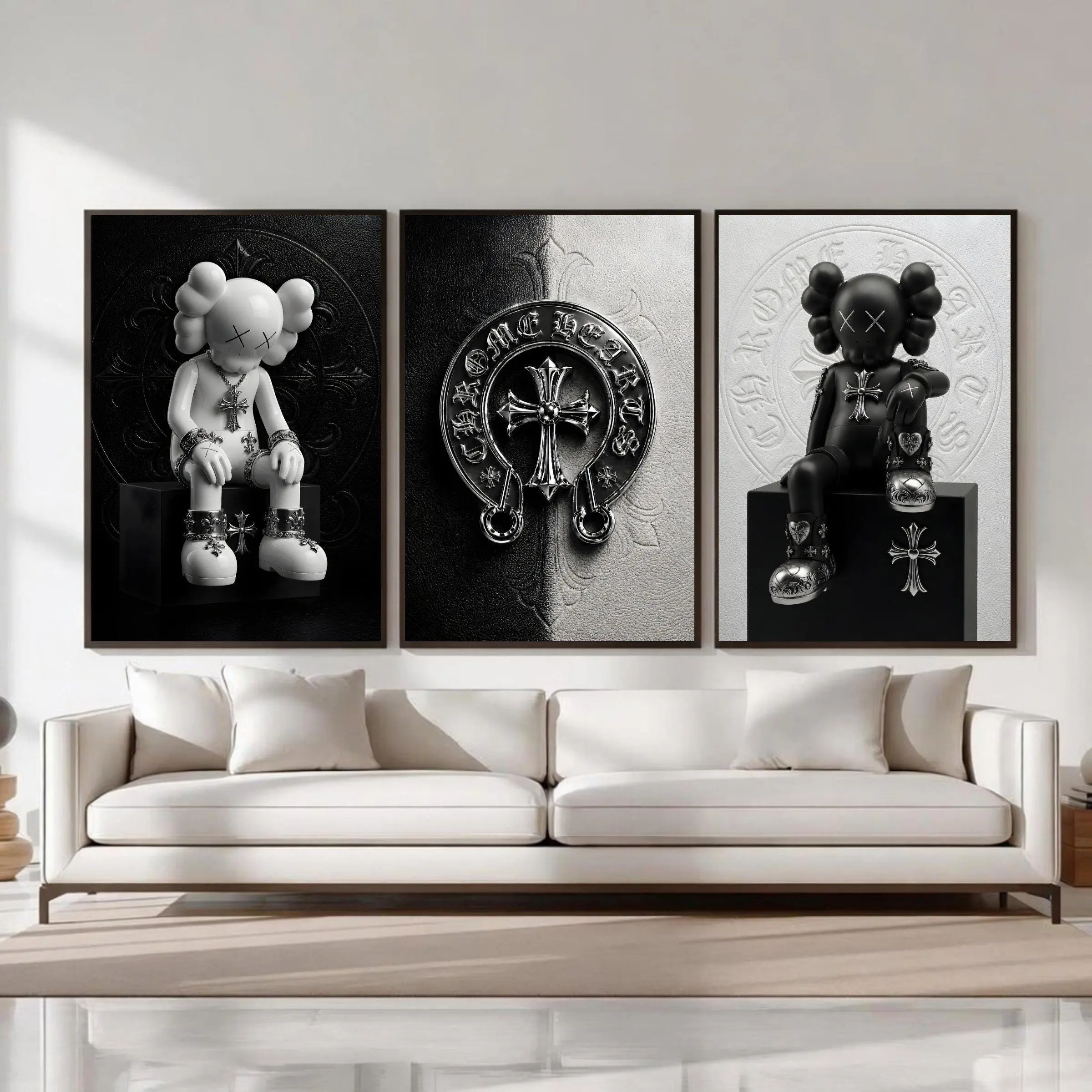 Set 3 Pieces Chrome Hearts Kaws Poster, Black White Hypebeast Decor Wall Art, Gothic Luxury Decor, Black White Chrome Hearts, Dark Fashion Decor