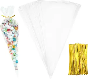 Outus 100 Pcs 7 X 12 Inch Cone Shaped Treat Bag Clear Cello Cellophane Medium Transparent Sweet Popcorn Candy Bags with 100 Pieces Twist Ties for Party Favor(Gold Twist Ties)
