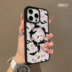 Bats,blooms,moonlight Pattern Premium Magnetic Phone Cases for iPhone 16 15 14 Pro Max 13 12 11 Plus Smartphone Shockproof Protection Acrylic Cover Cellphone Protective magsafe magnetic case Aesthetic Resistance Casing