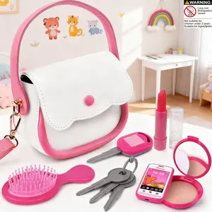 Girls' Makeup Bag Set, Kids Vanity, & Handbag, Toy Phone, Lipstick, Small Mirror, Comb, Keys, Car Key Box, Perfect Role Play Accessories