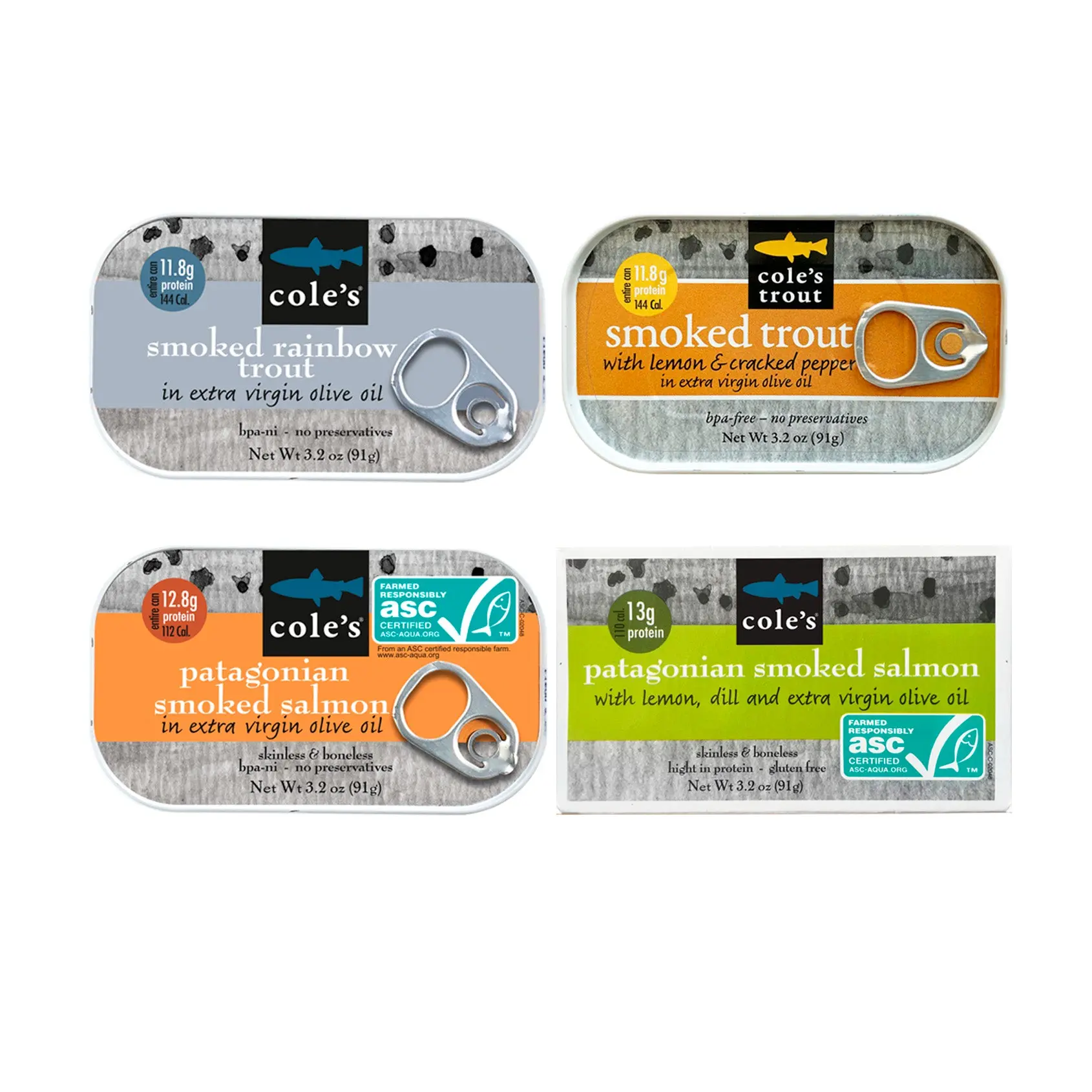 Cole’s Seafood Patagonian Smoked Salmon & Rainbow Trout Variety Pack 4 Cans for Healthy On-the-Go Meals Canned Seafood Variety Pack ASC-Certified, High Protein & Ready-to-Eat