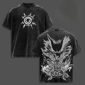 Naruto x Kurama - Naruto Anime Double Printed Vintage Washed Unisex Oversize Anime Manga Washed Heavyweight Cotton T-shirt, gifts For Anime Fan, Anime Lover