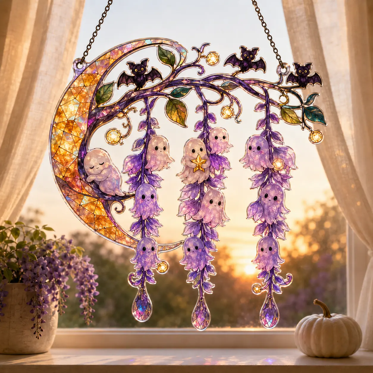 Halloween Ghost Wisteria Acrylic Suncatcher, Faux Stained Glass Window Hanging, Purple Floral Bat Witchy Fall Decor